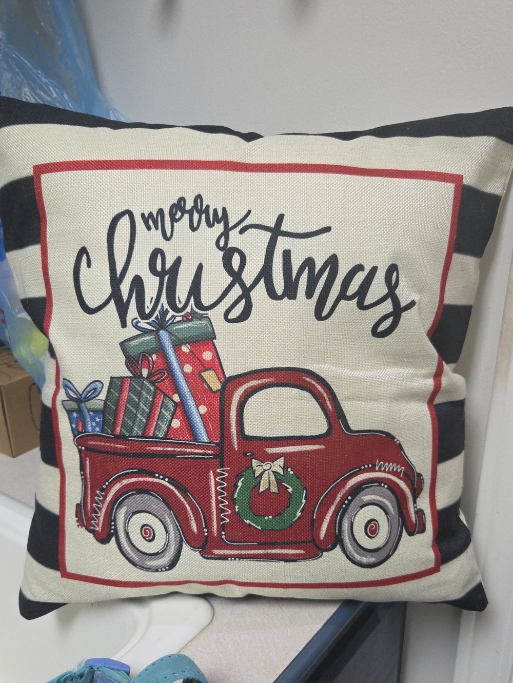 Holiday Red Truck Throw Pillow - Merry Christmas Accent
